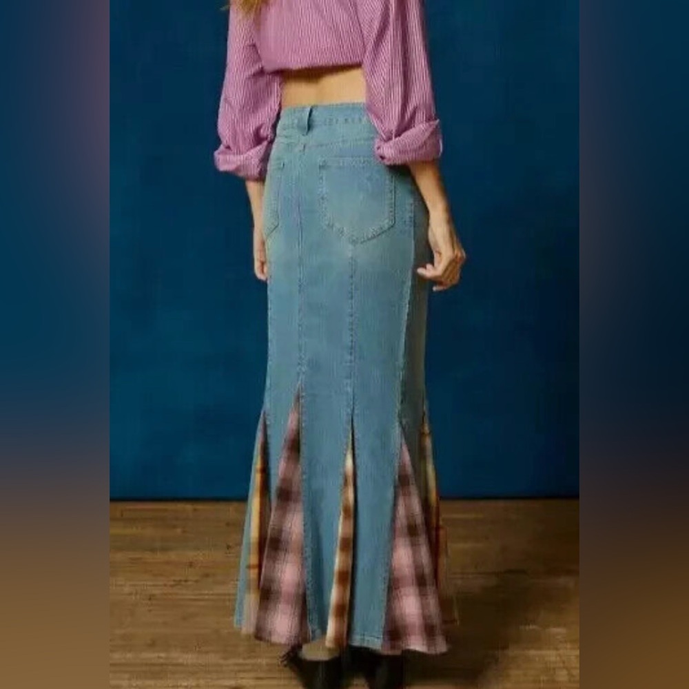 NEW Denim Maxi Skirt with Plaid Panels SIZE SMALL